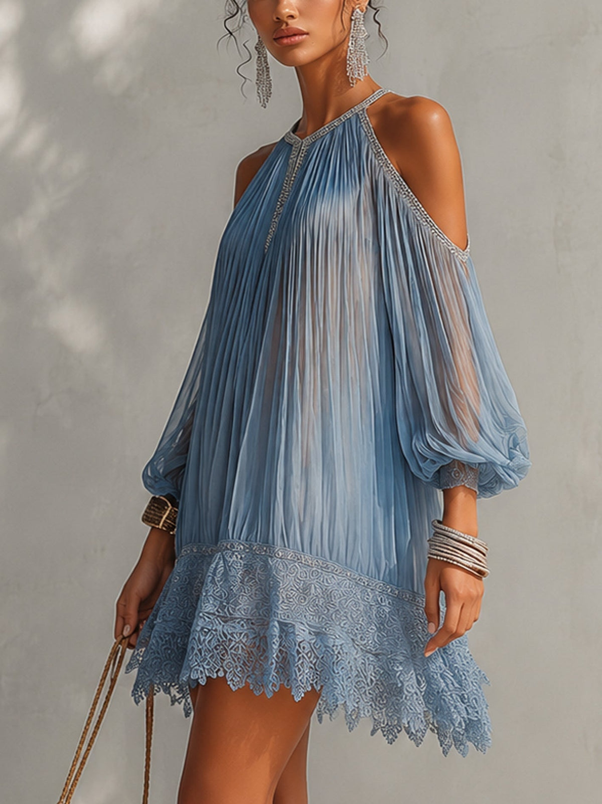 Séraphine | Off-the-Shoulder Blue Mini Dress with Ruching and Lace Trim