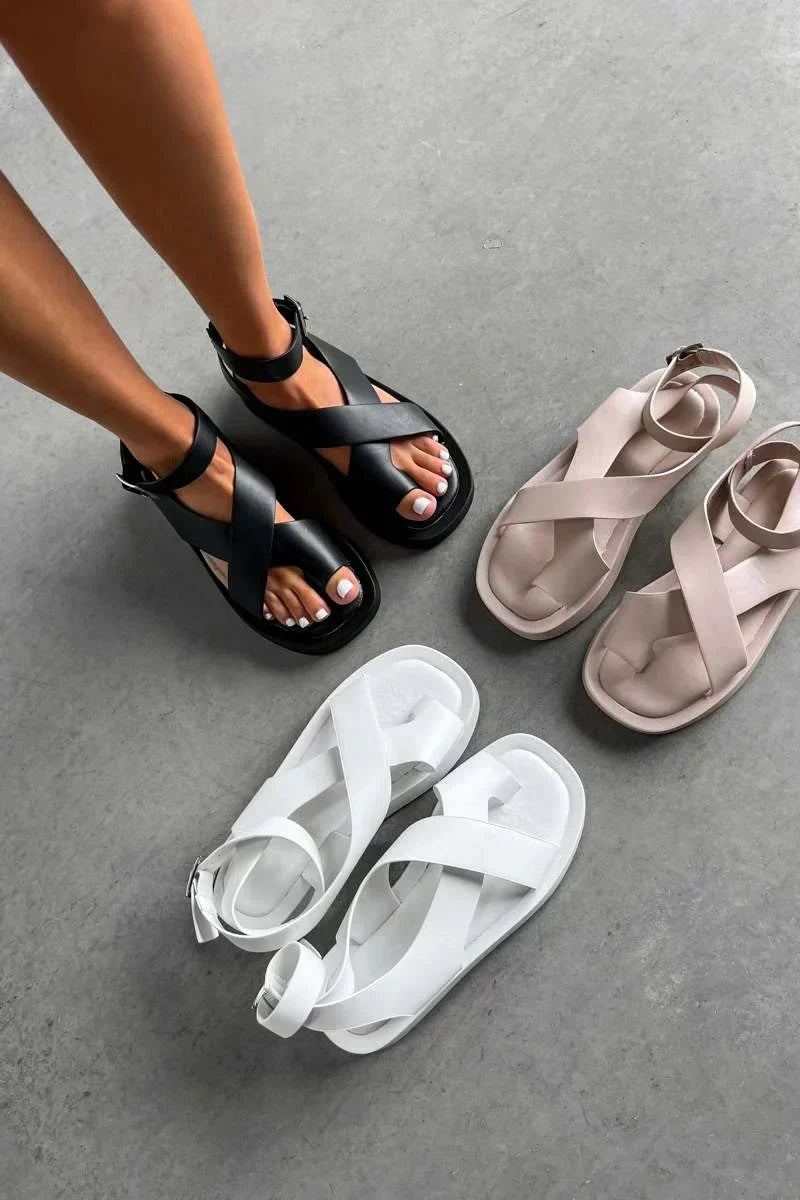 Women's Platform Sandals With Criss-Cross Straps And Ankle Buckle
