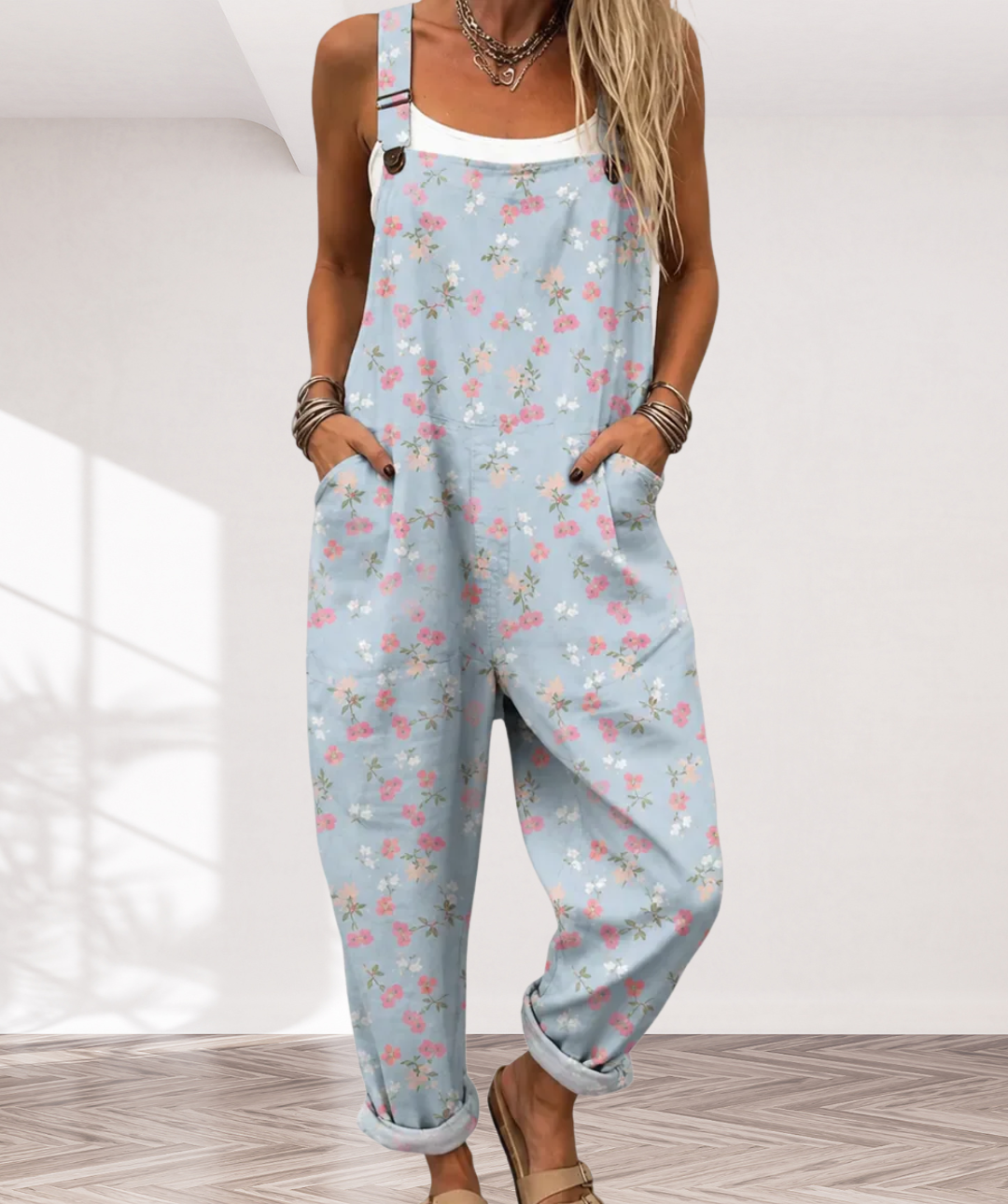Soft Blue Jumpsuit with Floral Pattern