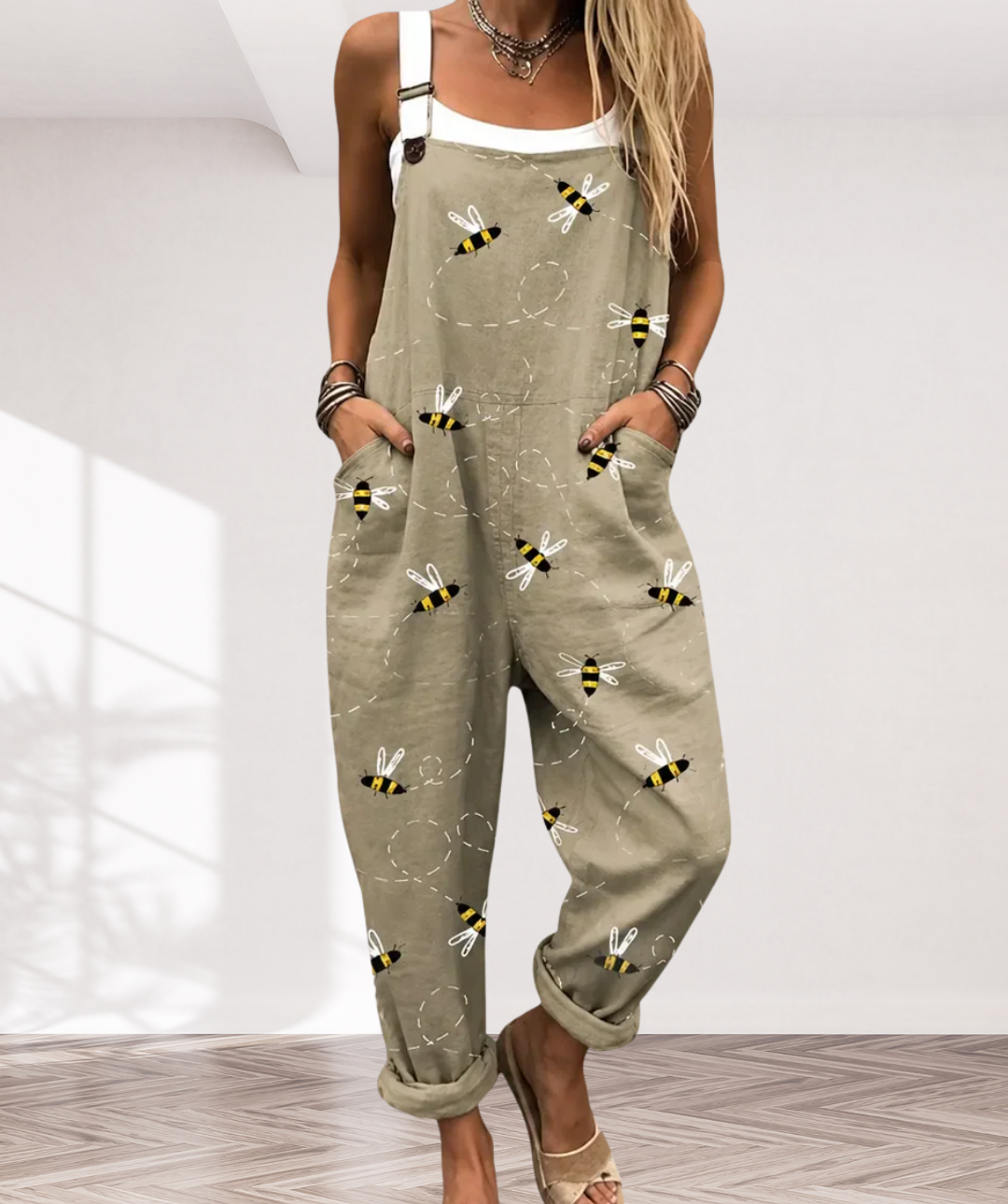 Relaxed Overalls with Decorative Bees