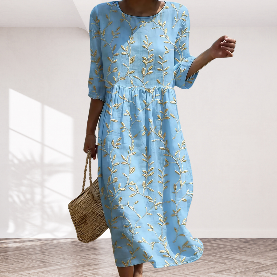 Natalie | Plant & Flower Print Round Neck Midi Dress
