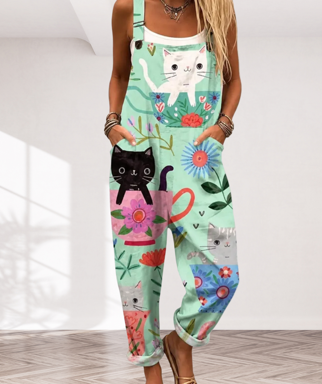 Soft Jumpsuit Cats and Flowers