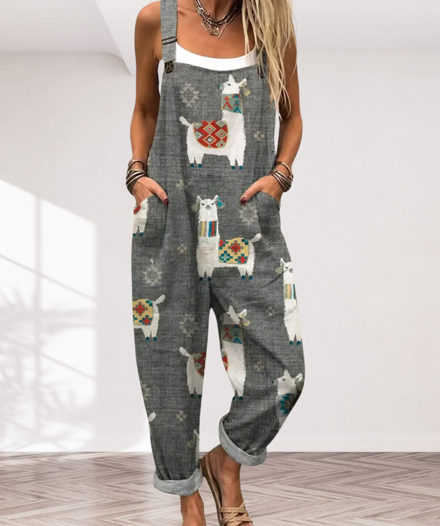 Soft Gray Jumpsuit with Llama Pattern