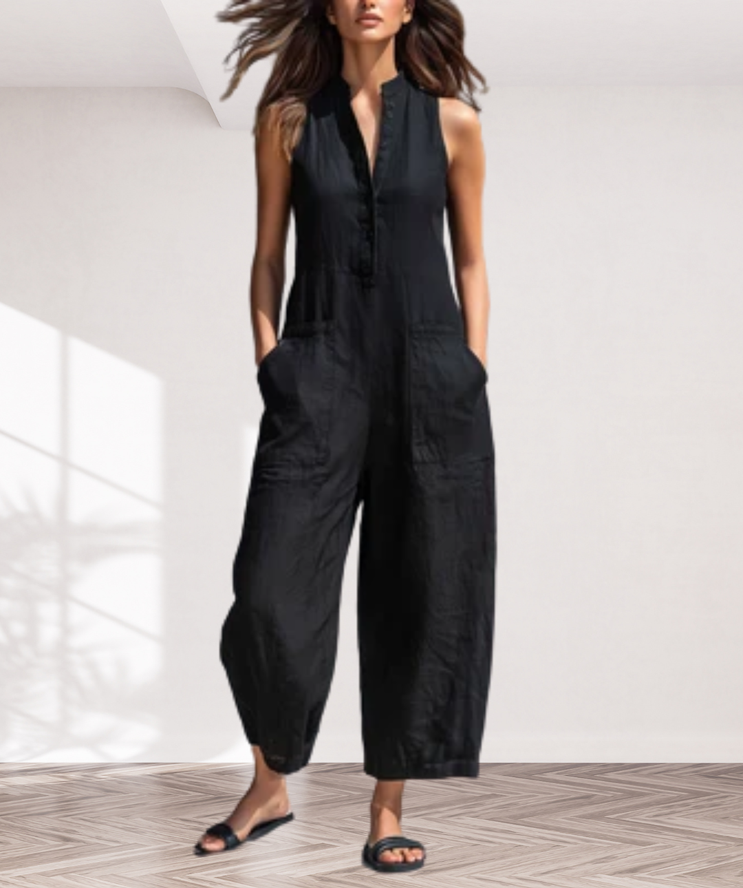 Women's Minimalist Linen Blend Button-up Stand-collar Sleeveless Loose Jumpsuit MDZ2725A5Y