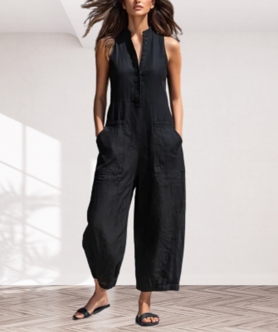 Women's Minimalist Linen Blend Button-up Stand-collar Sleeveless Loose Jumpsuit MDZ2725A5Y