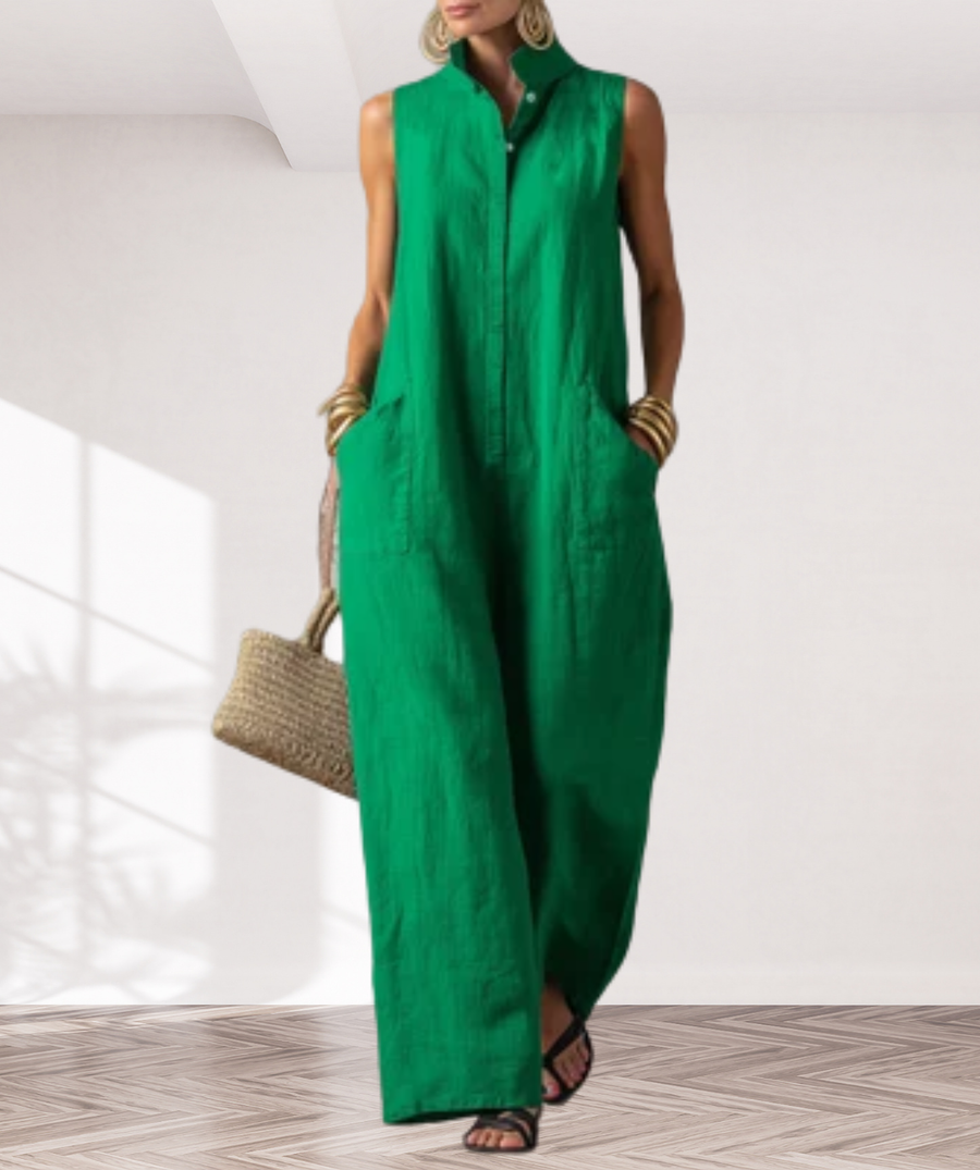 Women's Minimalist Loose-Fit Linen-Blend Jumpsuit — Stand Collar, Sleeveless, Single-Breasted MDZ2928D6Y