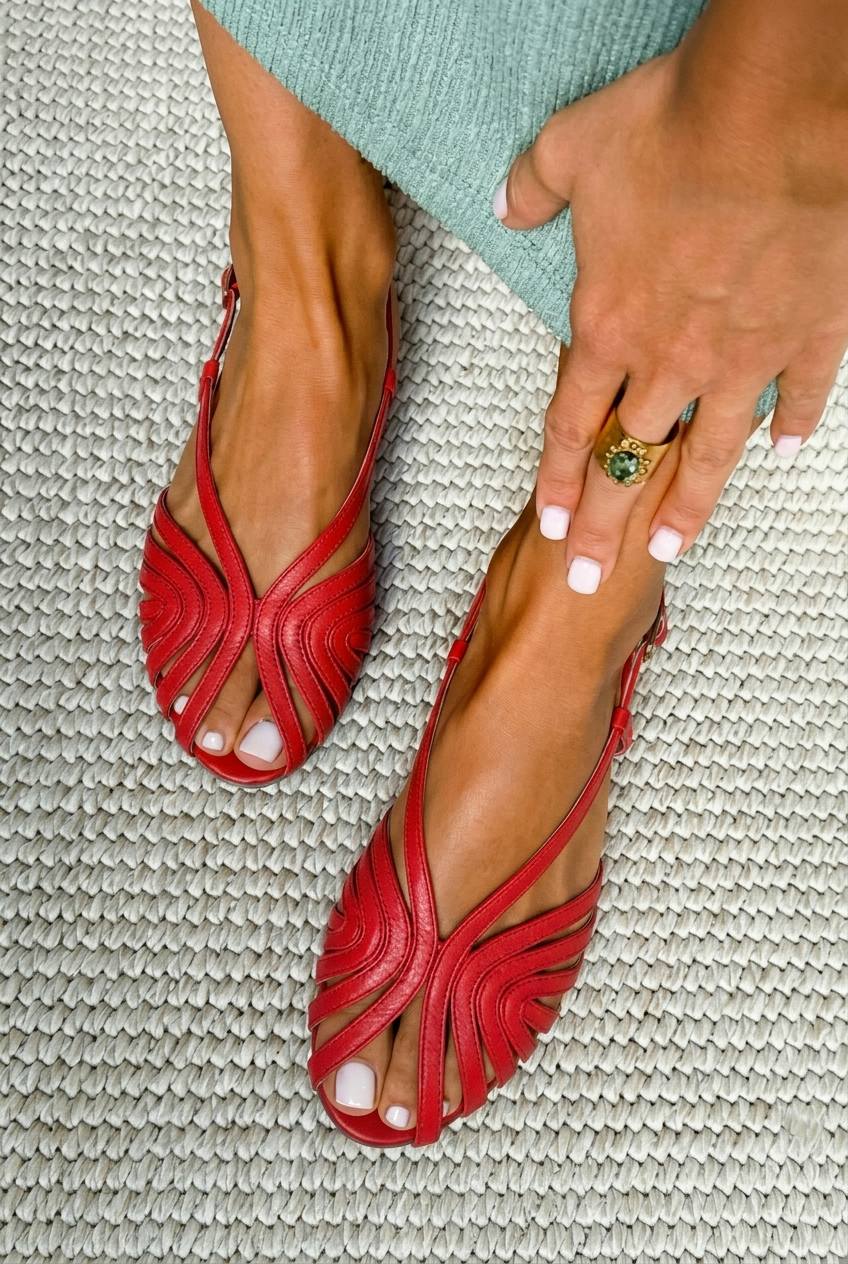 Red Leather Strappy Caged Peep Toe Flat Summer Sandals