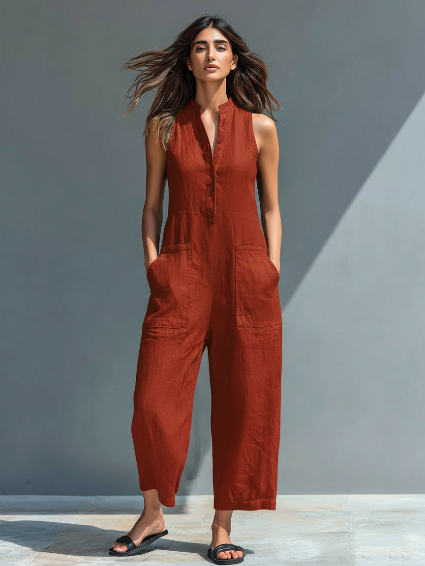 Women's Minimalist Linen Blend Button-up Stand-collar Sleeveless Loose Jumpsuit MDZ2725A5Y