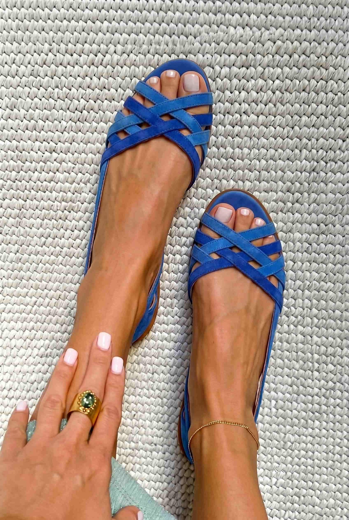 Suede Crisscross Peep Toe Flat Sandals
