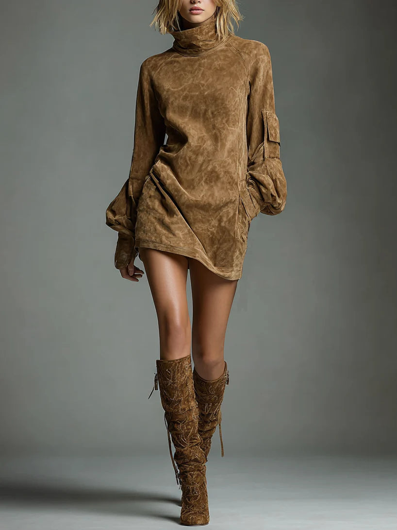 Beli | High-Neck Suede Mini Dress