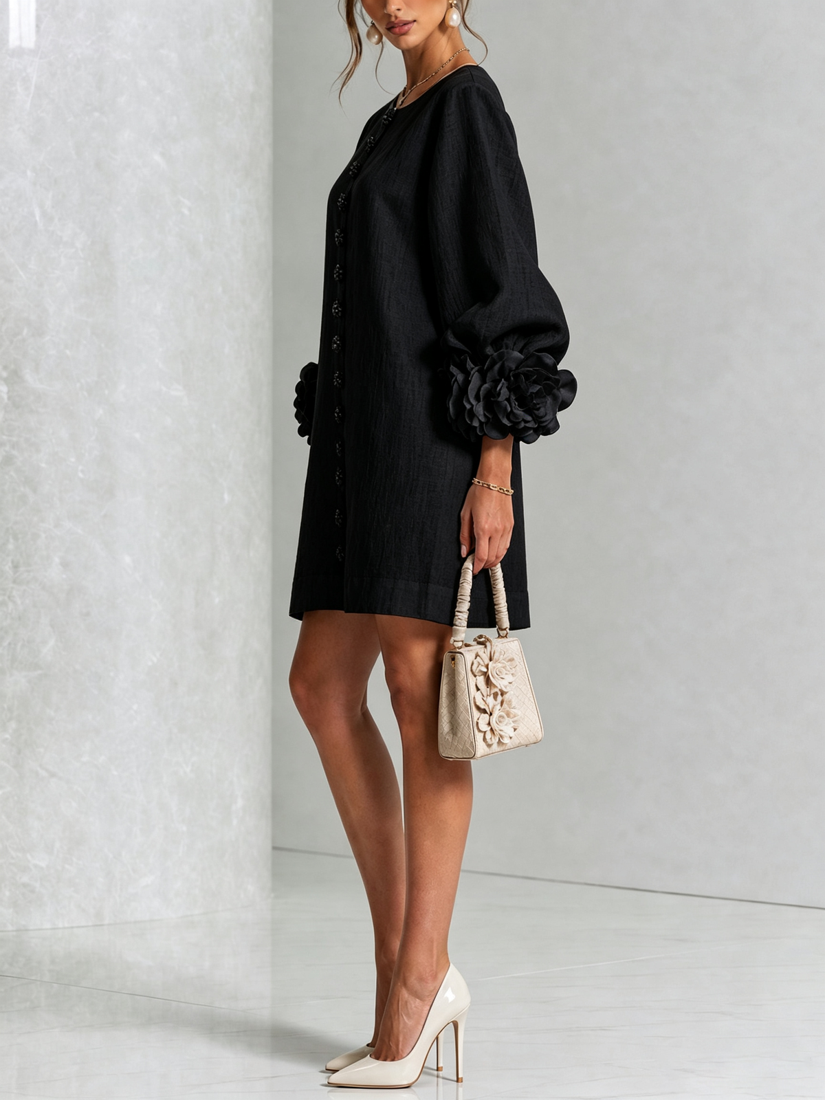 White Floral Button-down Mini Dress With Striking Floral Cuffs