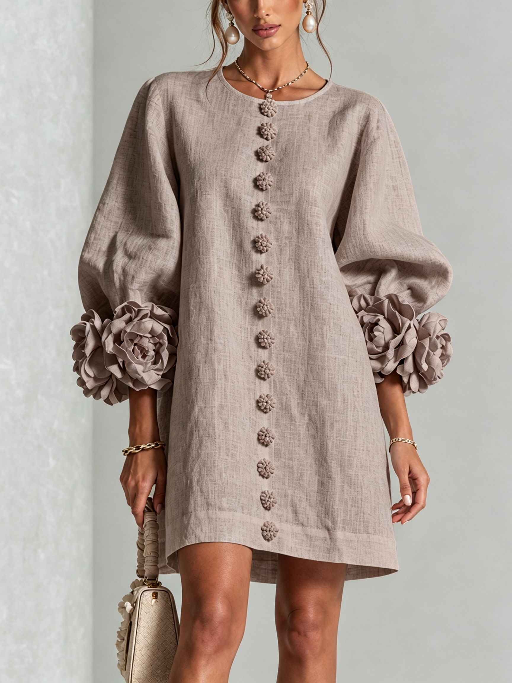 White Floral Button-down Mini Dress With Striking Floral Cuffs