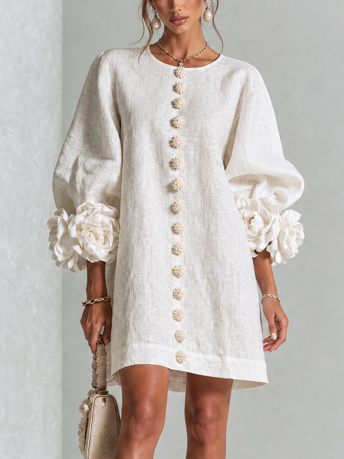 White Floral Button-down Mini Dress With Striking Floral Cuffs