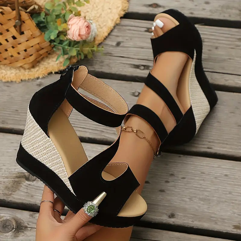 Calvina | Women's Black Ankle Strap Wedge Sandals