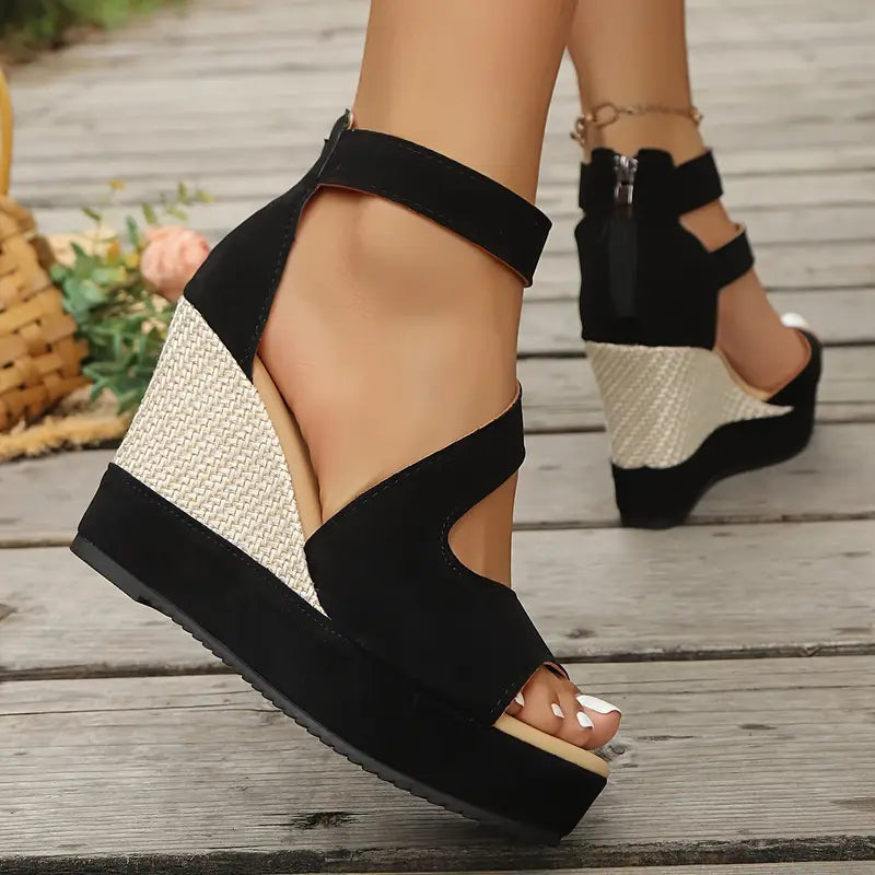 Calvina | Women's Black Ankle Strap Wedge Sandals