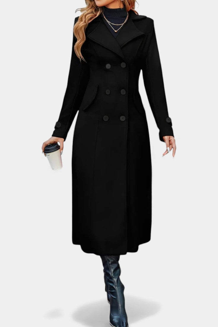 Naissa Long Notched Lapel Double-Breasted Coat