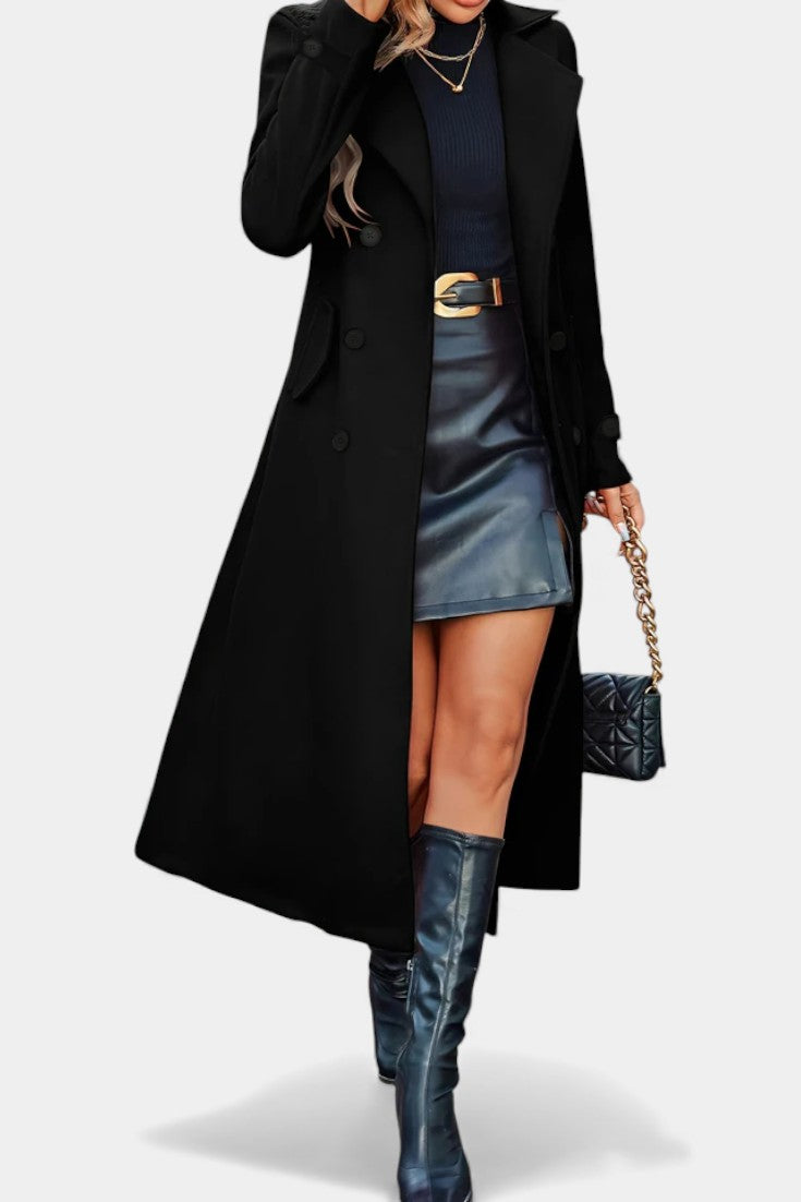 Naissa Long Notched Lapel Double-Breasted Coat