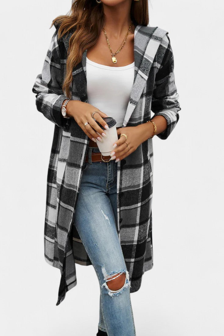 Sandrine Brushed Check Hooded Jacket with Button Closure