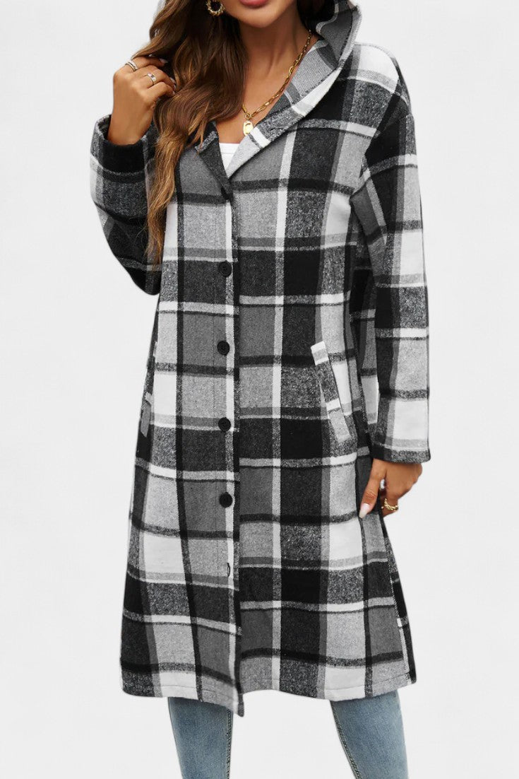 Sandrine Brushed Check Hooded Jacket with Button Closure