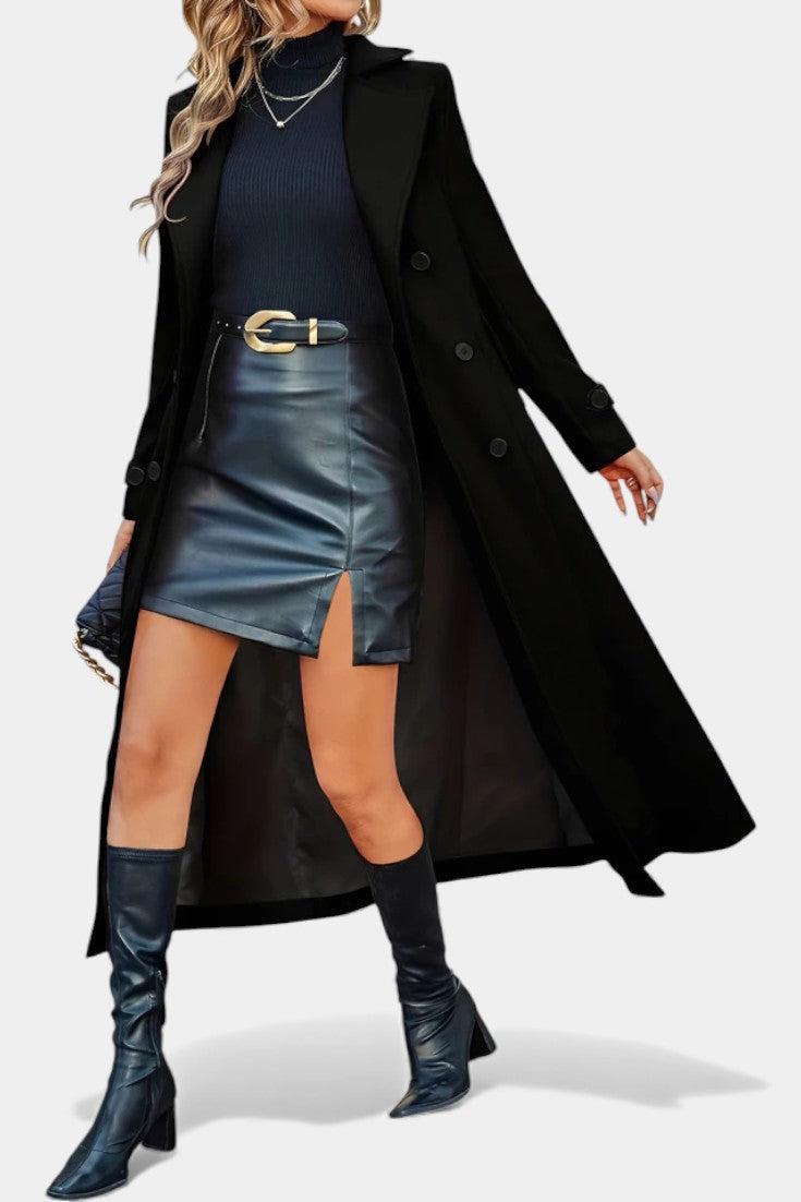 Naissa Long Notched Lapel Double-Breasted Coat