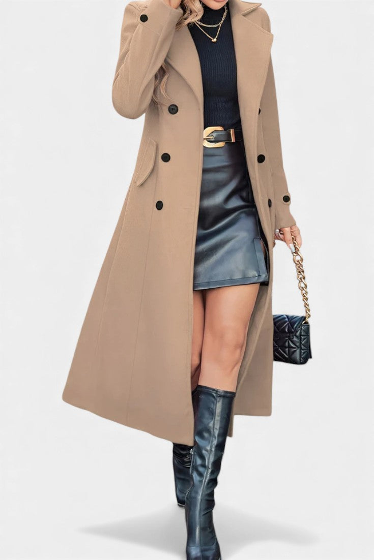 Naissa Long Notched Lapel Double-Breasted Coat