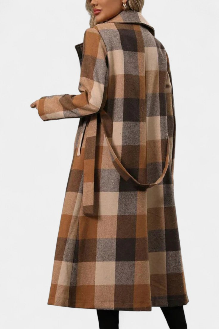 Mélissandre Long Check Coat with Double Breasted and Notched Collar