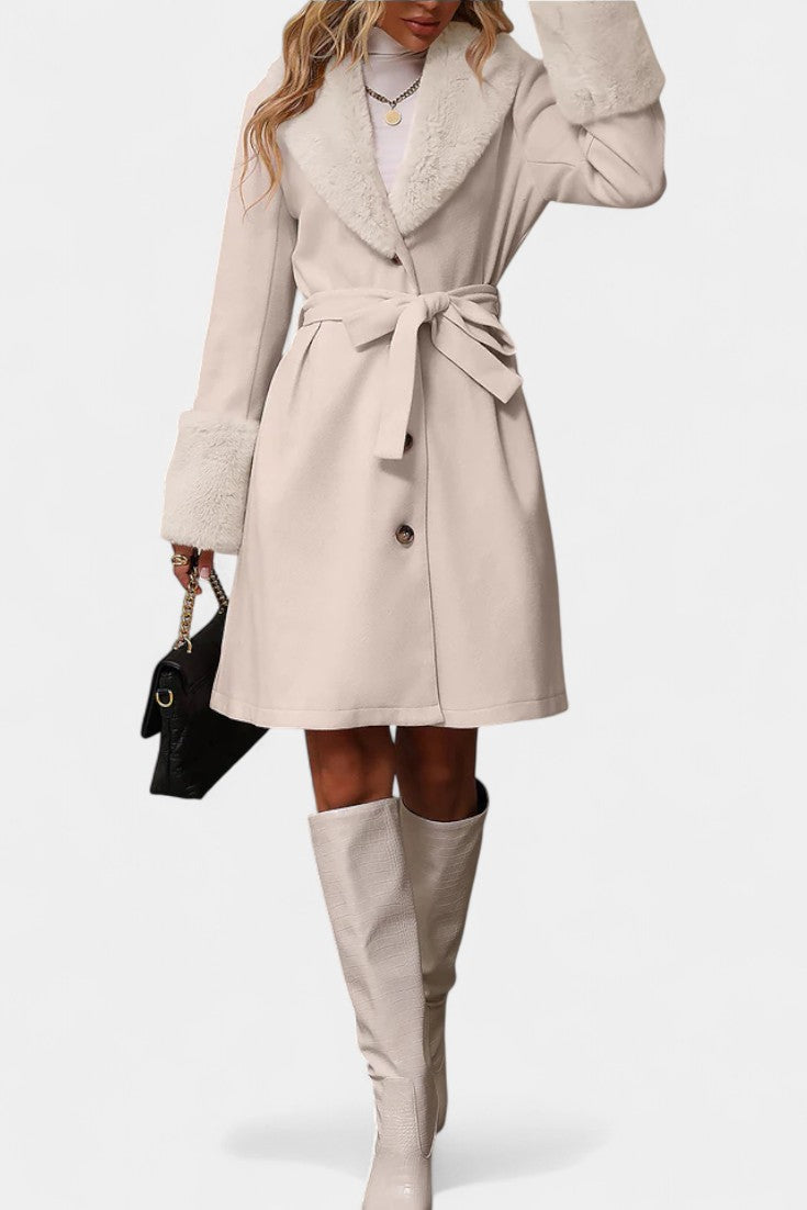 Colombine Trapeze Coat with Belt and Faux Fur Details