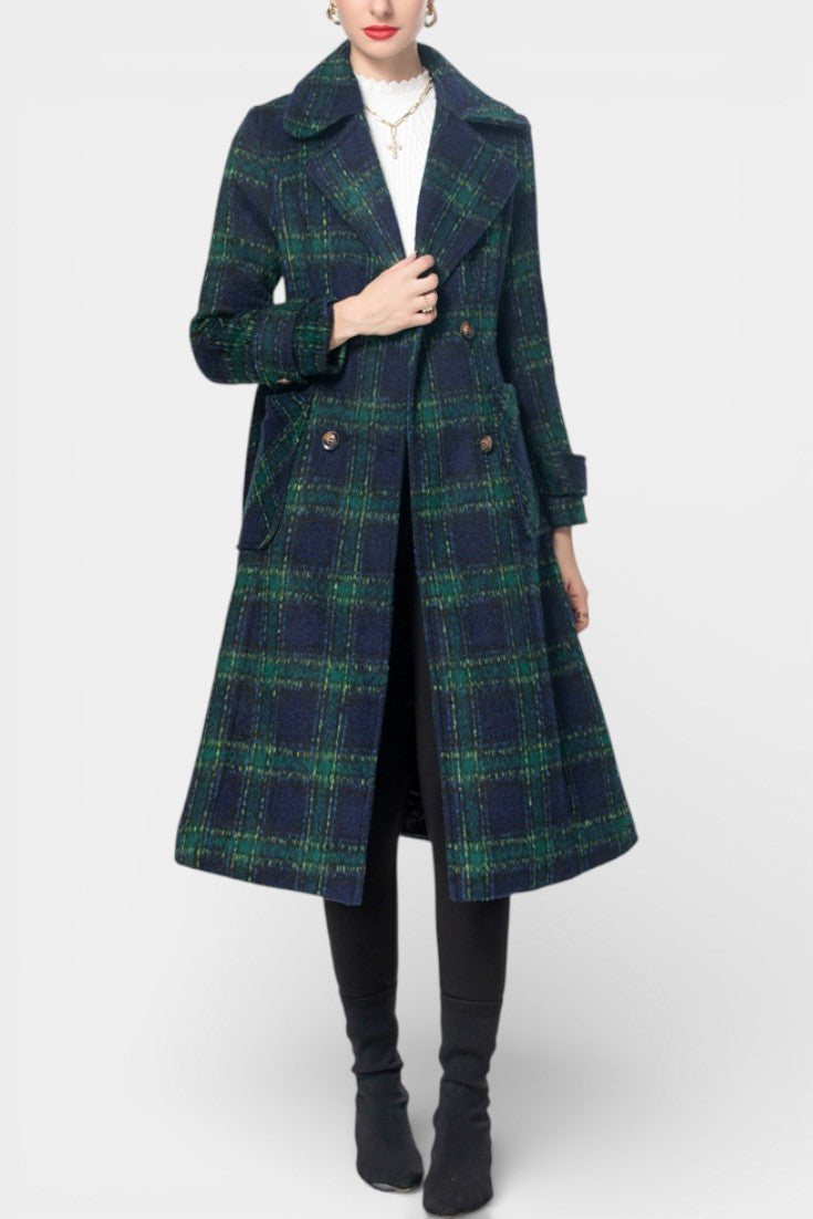 Lara Long Crossed Coat in Blue-Green