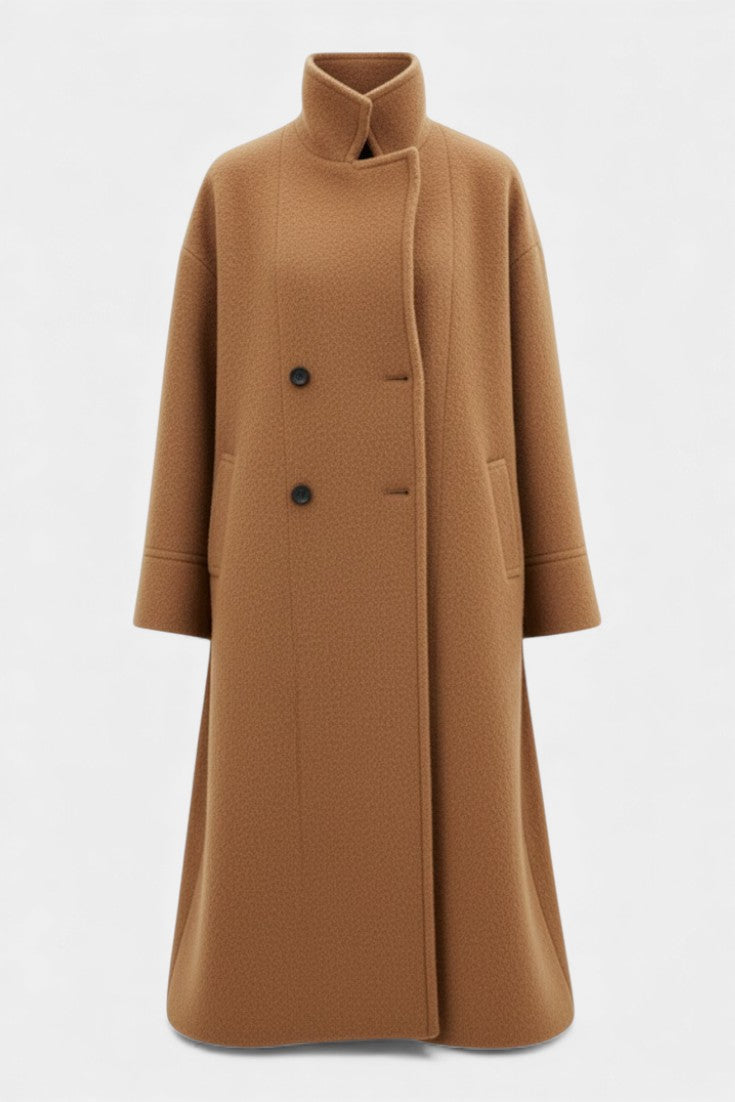 Camile Long Oversized Double-Breasted Coat with Notched Collar