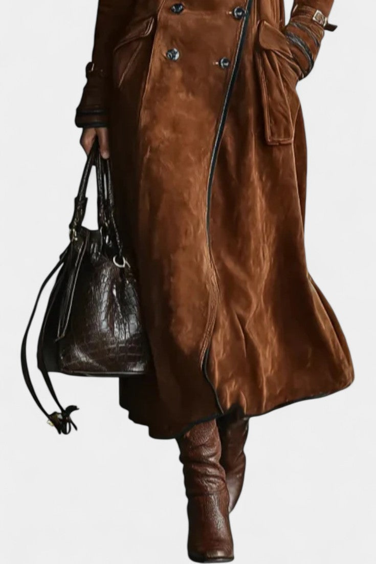 Sandra Long Coat in Suede with Double Breasted and Black Trim