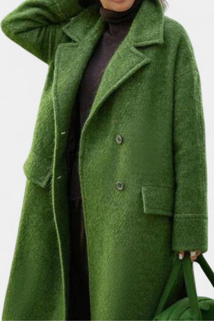 Camile Long Oversized Double-Breasted Coat with Notched Collar