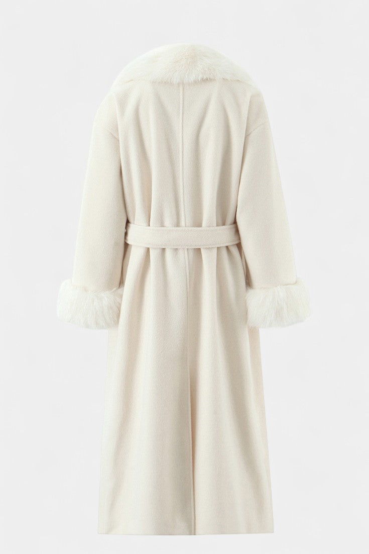 Lalie Long Belted Coat with Faux Fur Trim