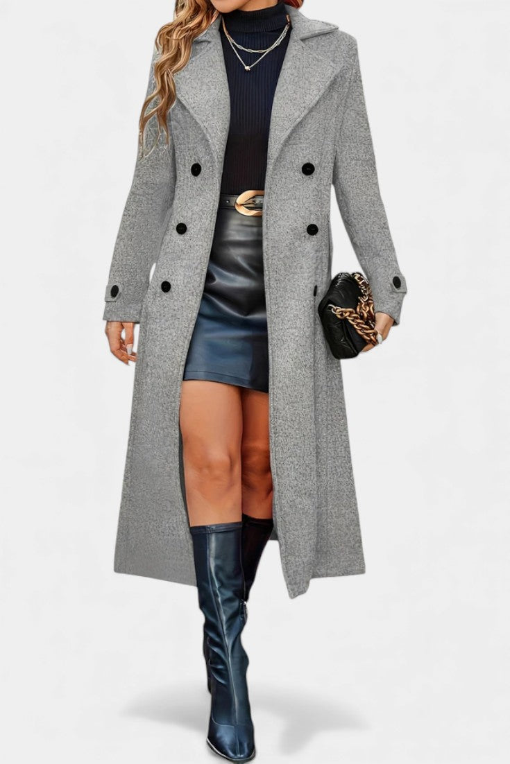 Naissa Long Notched Lapel Double-Breasted Coat