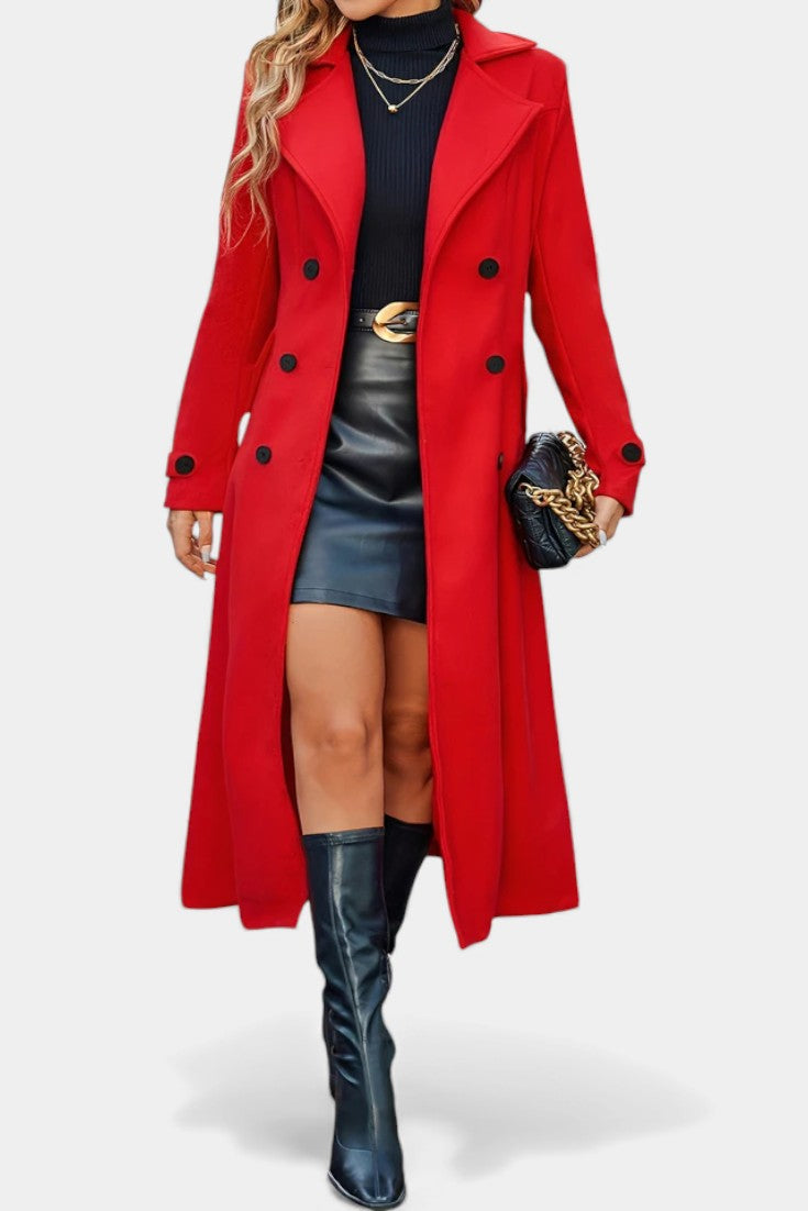 Naissa Long Notched Lapel Double-Breasted Coat