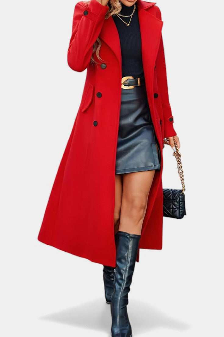 Naissa Long Notched Lapel Double-Breasted Coat