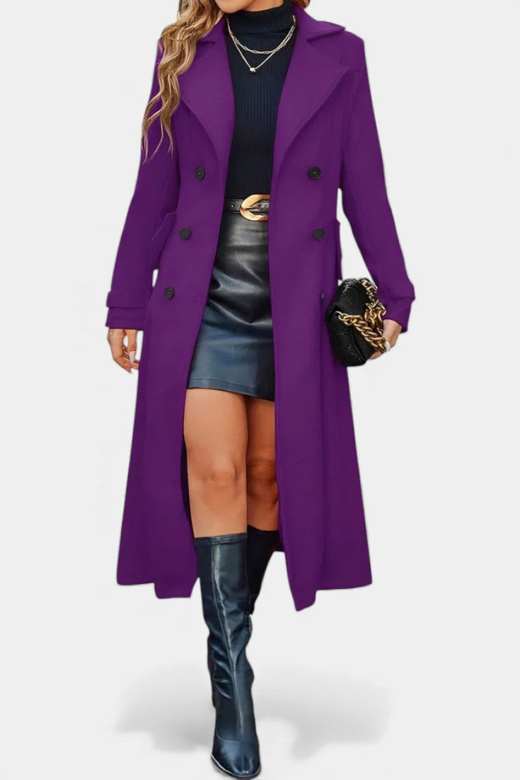 Naissa Long Notched Lapel Double-Breasted Coat