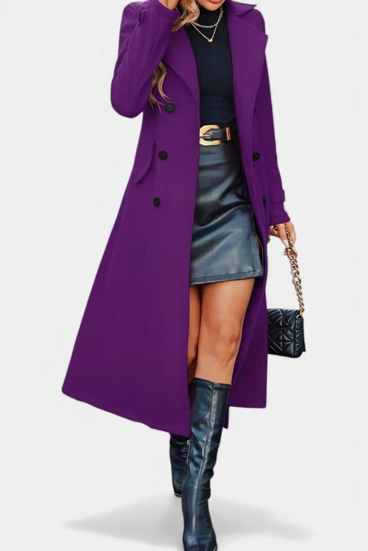 Naissa Long Notched Lapel Double-Breasted Coat