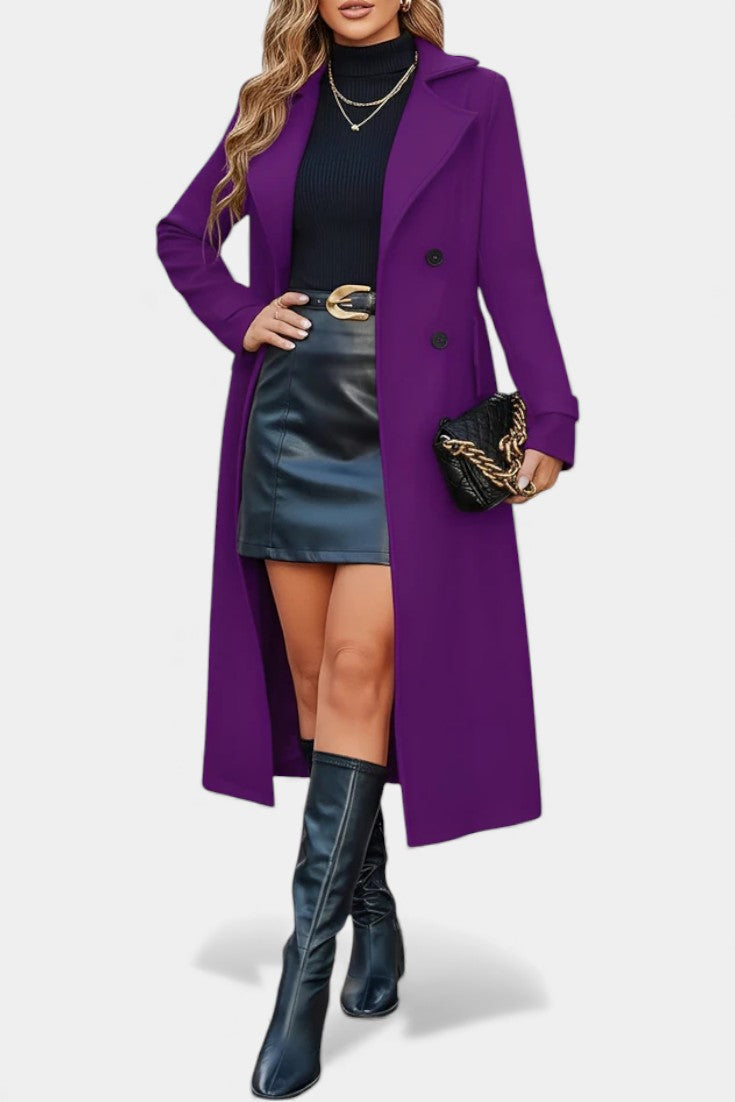 Naissa Long Notched Lapel Double-Breasted Coat