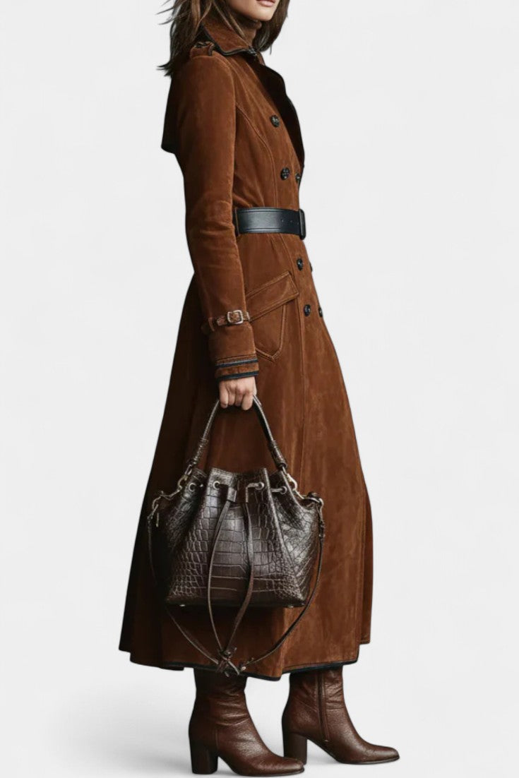 Sandra Long Coat in Suede with Double Breasted and Black Trim