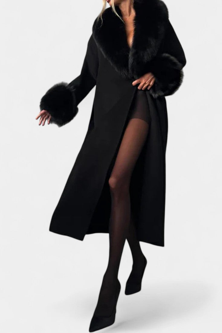 Lalie Long Belted Coat with Faux Fur Trim