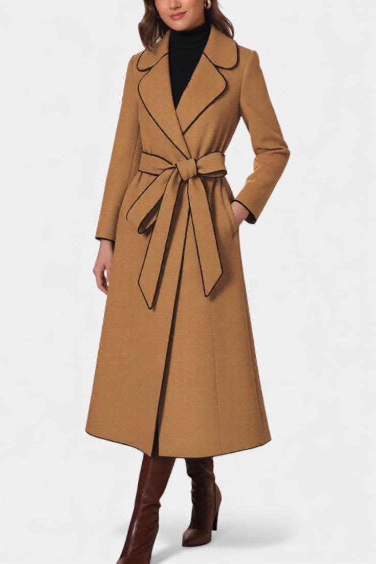 Flora Long Coat with Revers and Colored Belt