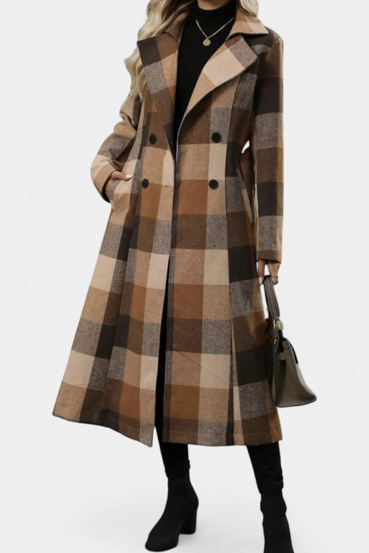 Mélissandre Long Check Coat with Double Breasted and Notched Collar