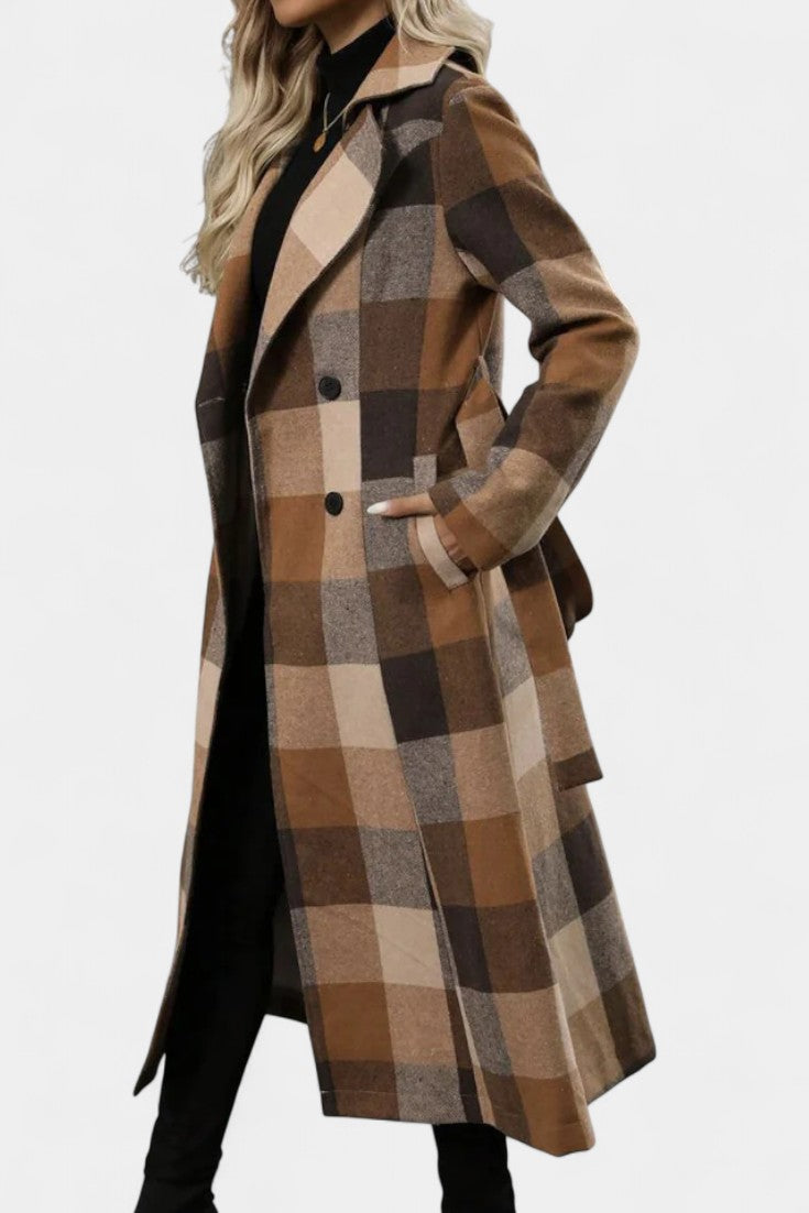 Mélissandre Long Check Coat with Double Breasted and Notched Collar