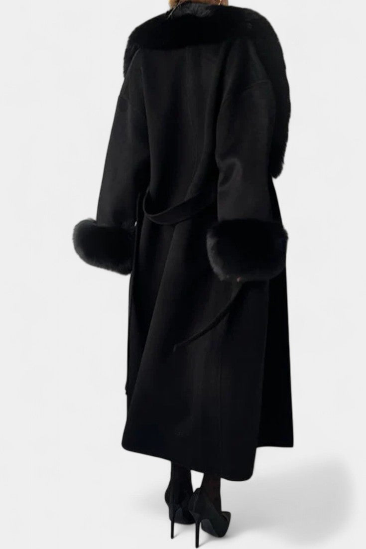 Lalie Long Belted Coat with Faux Fur Trim
