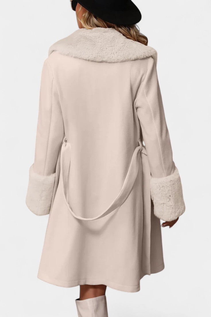 Colombine Trapeze Coat with Belt and Faux Fur Details