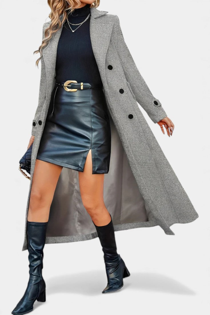 Naissa Long Notched Lapel Double-Breasted Coat