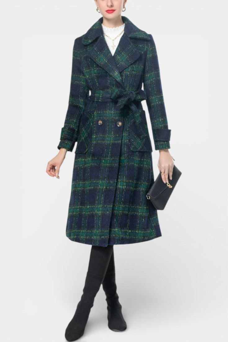 Lara Long Crossed Coat in Blue-Green
