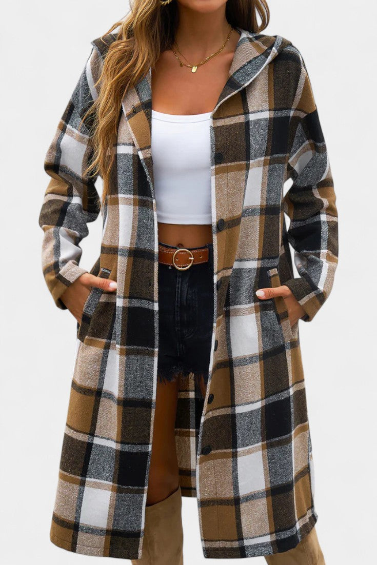Sandrine Brushed Check Hooded Jacket with Button Closure