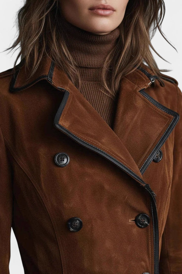 Sandra Long Coat in Suede with Double Breasted and Black Trim