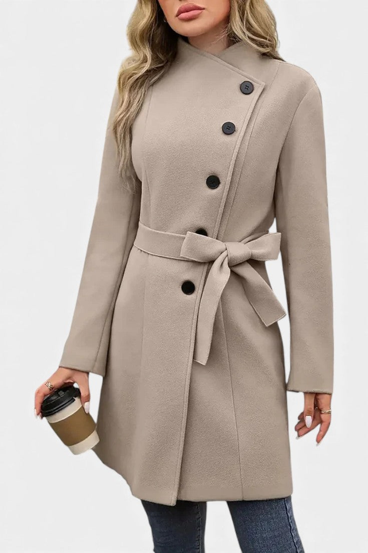 Yuliana Long Coat with Buttons and Tied Waist